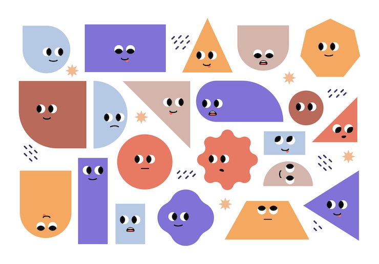 Vetor conjunto de formas geométricas básicas brilhantes com emoções faciais formas diferentes personagens fofinhos