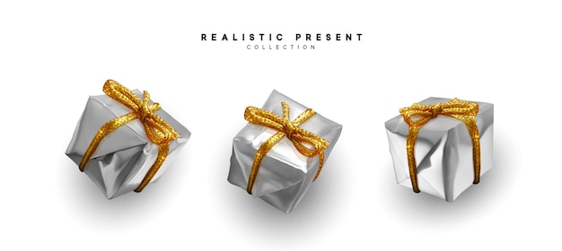 Conjunto de formas quadradas de caixas de presente prateadas. Design 3D realista de caixas surpresa brancas, presentes para presentes. Ilustração vetorial