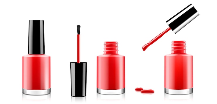 Vetor conjunto de frascos abertos e fechados de esmalte vermelho brilhante com pincel e gota isolados no fundo branco verniz de beleza de moda realista ilustração vetorial 3d detalhada mockup de laca