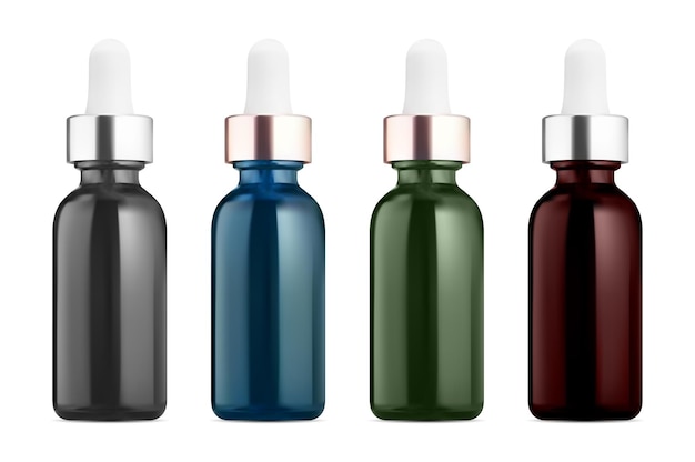 Vetor conjunto de frascos conta-gotas de vidro realista frasco de óleo cosmético de aroma orgânico anti-envelhecimento colágeno essencial