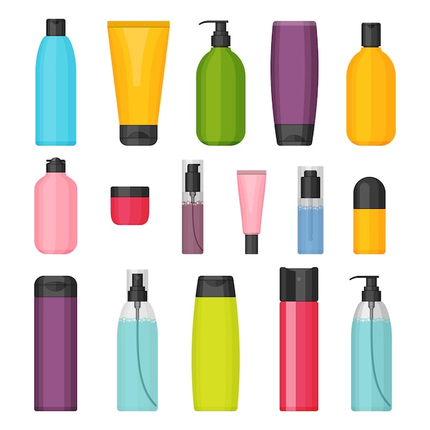 Vetor conjunto de frascos de cosméticos coloridos.
