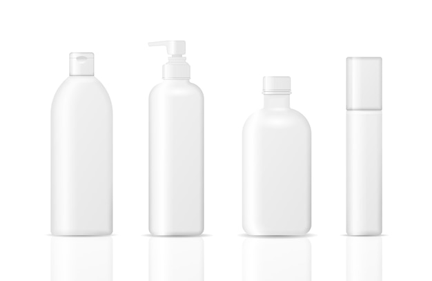 Conjunto de frascos de cosméticos isolados em um fundo branco. coleção de embalagens para cremes, sopas, espumas, shampoo. maquete 3d realista de embalagens cosméticas.