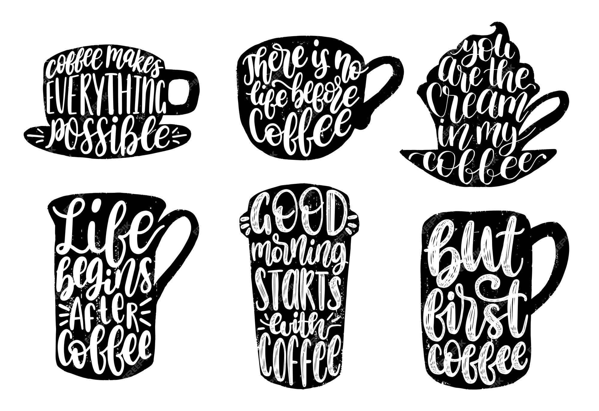 Conjunto de frases de café manuscritas vetoriais bom dia começa com tipografia de citações de café em formas de xícara | Vetor Premium Conjunto de frases de café manuscritas vetoriais bom dia começa com tipografia de citações de café em formas de xícara | Vetor Premium