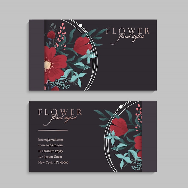 Conjunto de frente e verso do cartão de visita com flores