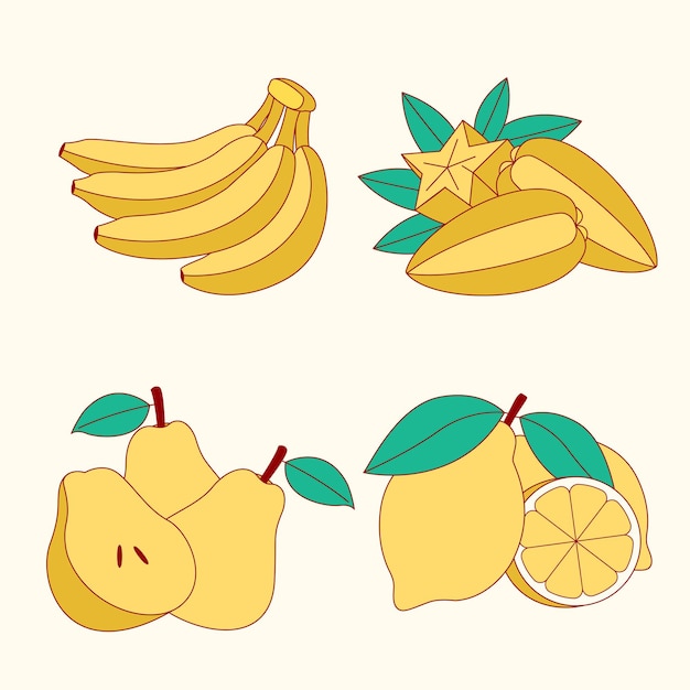 Conjunto de frutas amarelas banana estrela fruta pera e limão ilustração de design plano