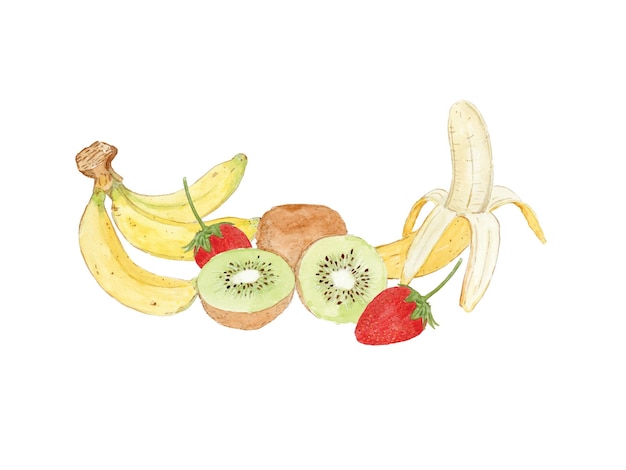 Conjunto de frutas banana kiwi e morango