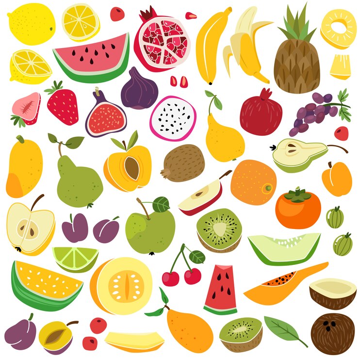 Vetor conjunto de frutas. bonito fruta limão melancia banana abacaxi maçã pêra morango fresco colorido engraçado crianças comida verão dos desenhos animados