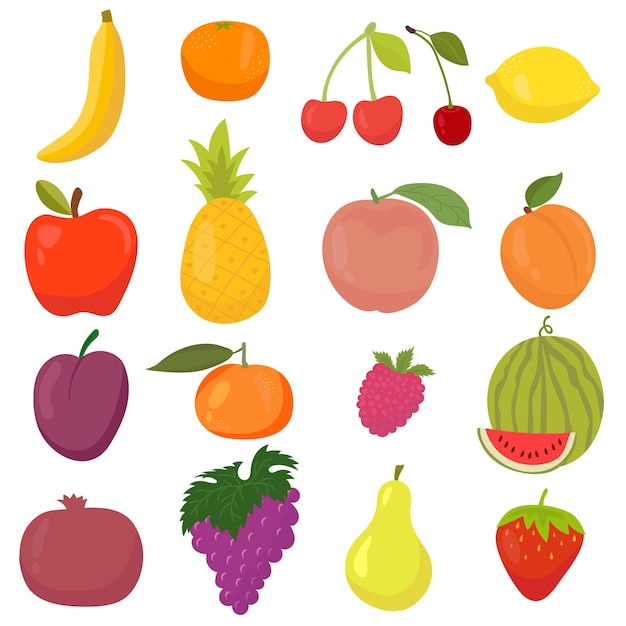 Conjunto de frutas de desenho animado desenhadas à mão frescas e suculentas