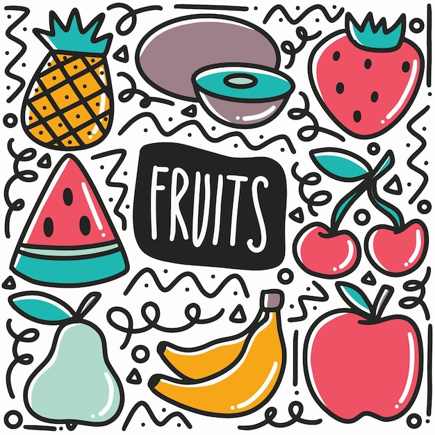 Conjunto de frutas desenhadas à mão com ícones e elementos de design