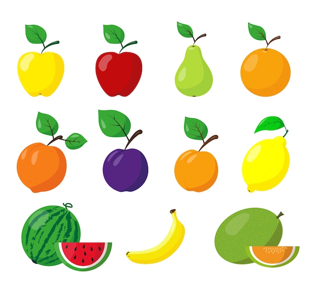 Conjunto de frutas diferentes. Ícones de frutas em fundo branco. ilustração.