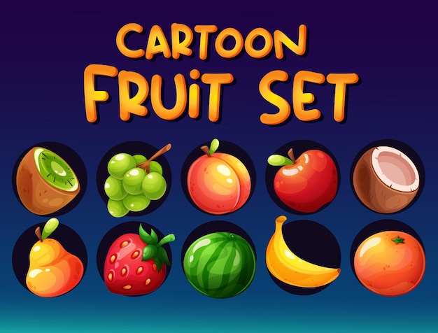 Conjunto de frutas dos desenhos animados coco banana morango uva maçã pêra pêssego kiwi melancia laranja