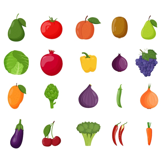Conjunto de frutas e legumes Comida vegetariana conceito de alimentação saudável Abacate pêssego figo cereja kiwi