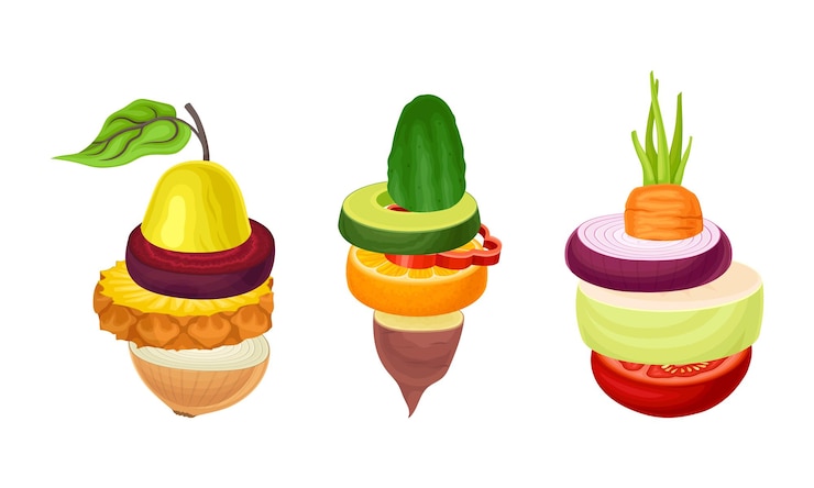 Vetor conjunto de frutas e legumes cortados pepino abacaxi tomate pimenta pera beterraba cenoura fatias redondas em ilustração vetorial de pilha