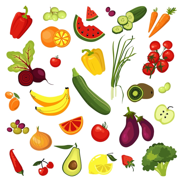 Vetor conjunto de frutas e legumes frescos