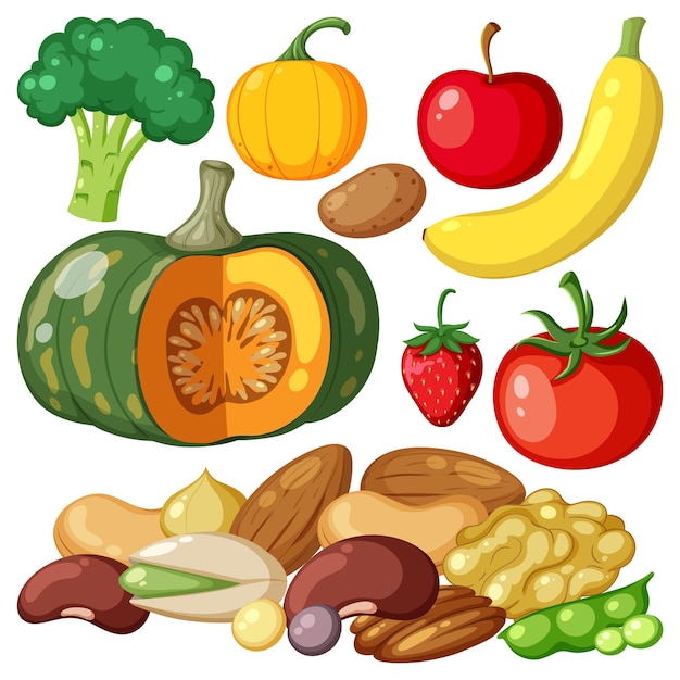 Conjunto de frutas e legumes