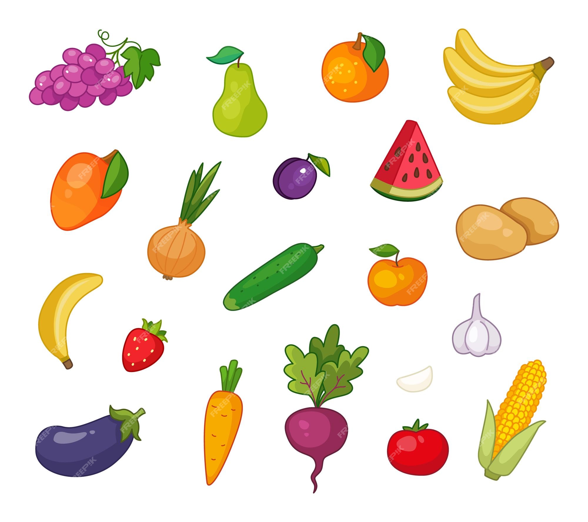 Conjunto de frutas e vegetais de desenho animado ilustração