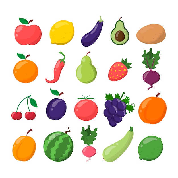 Conjunto de frutas e vegetais. Limão, laranja, banana