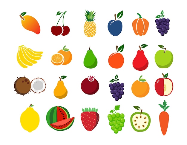 Conjunto de frutas Ícones de alimentos Coleção de símbolos Ilustração de design vetorial vegetariana