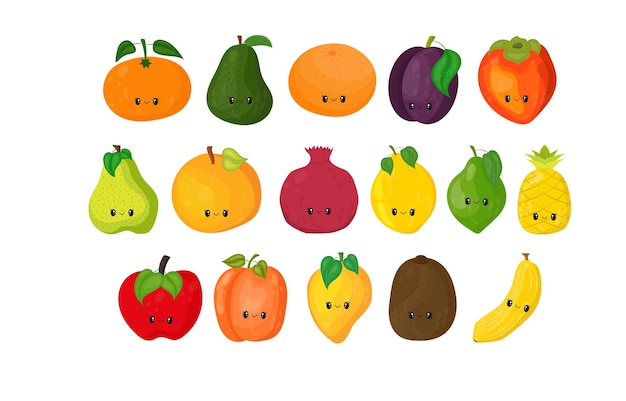 Conjunto de frutas kawaii bonitos em um estilo. coleção de dezesseis ilustrações de frutas fofas.