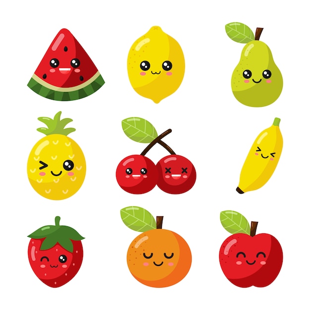 Conjunto de frutas kawaii dos desenhos animados isolado