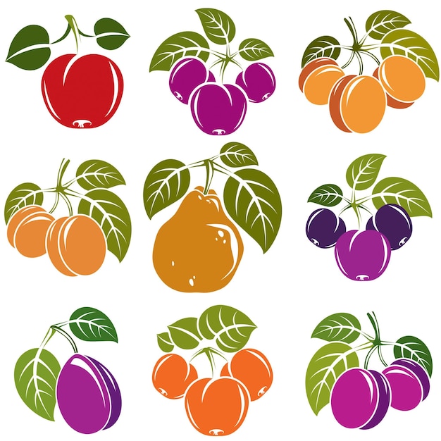 Conjunto de frutas maduras de vetor 3d e bagas com folhas verdes, elementos de design de árvores frutadas isolados no fundo branco.