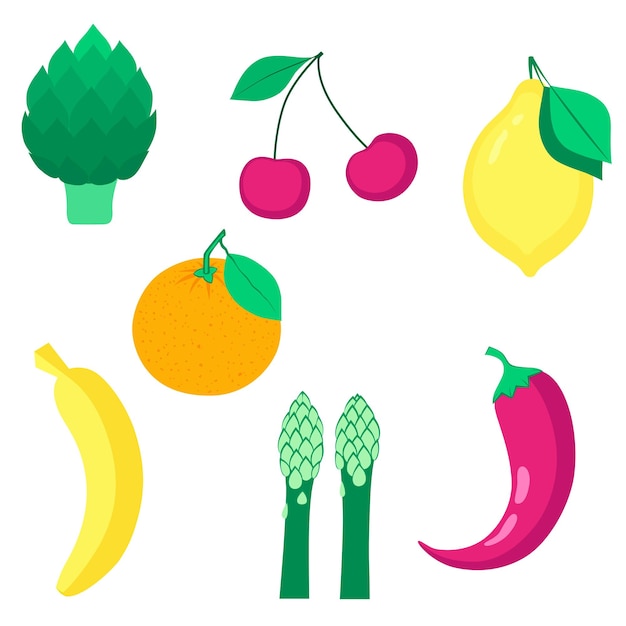 Conjunto de frutas orgânicas, vegetais e bagas isolados no fundo branco estilo de vida saudável ilustração vetorial em estilo simples