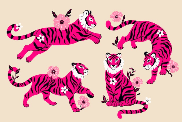 Vetor conjunto de fuchsia fantasiosos tigres graciosos em diferentes poses
