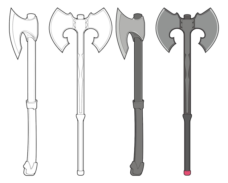 Vetor conjunto de fullcolor e contorno medieval machado vetor arma vetor mão desenhada ilustração isolada no fundo hhite