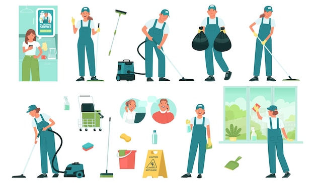 Conjunto de funcionários de serviços de limpeza e equipamentos e ferramentas para limpeza de instalações