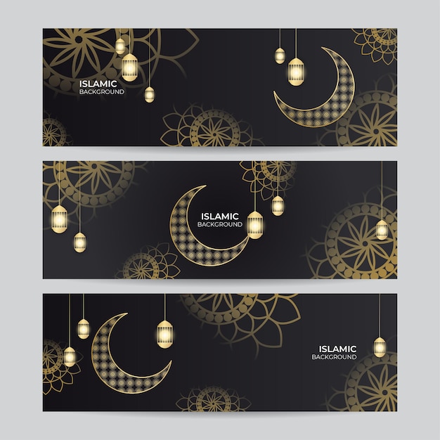 Conjunto de fundo de banner Ramadan Kareem. Lanterna de ouro e fundo abstrato de elementos de padrão islâmico de luxo