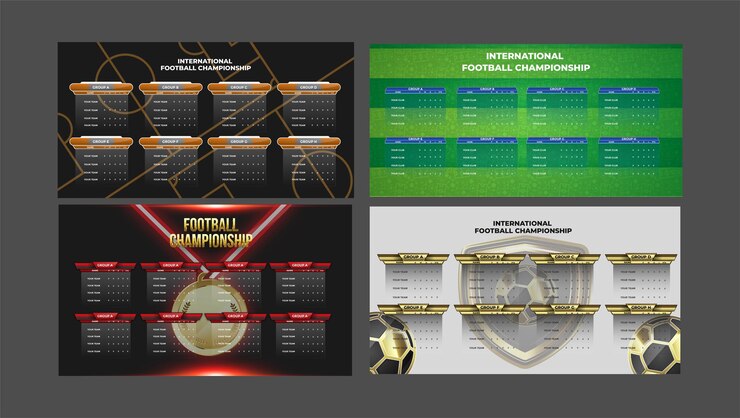 Vetor conjunto de fundo de transmissão de campeonato de futebol com mesa de grupo de futebol