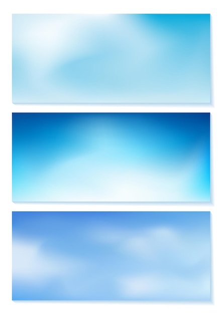 Vetor conjunto de fundo desfocado desfocado gradiente azul com vista para o céu azul com nuvem e luz ensolarada