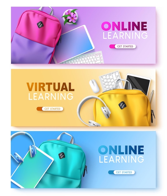 Conjunto de fundo vetorial de aprendizagem online texto de educação virtual com tablet e teclado de mochila