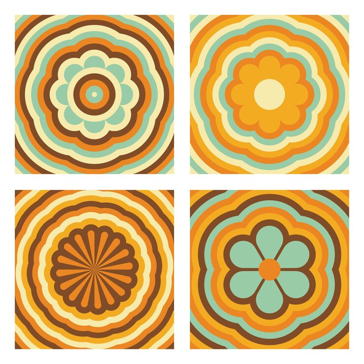 Vetor conjunto de fundos de ladrilhos de flores modernos e estilosos objetos florais estilo hippie retrô estético