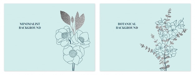 Vetor conjunto de fundos floral minimalista hortelã e prata