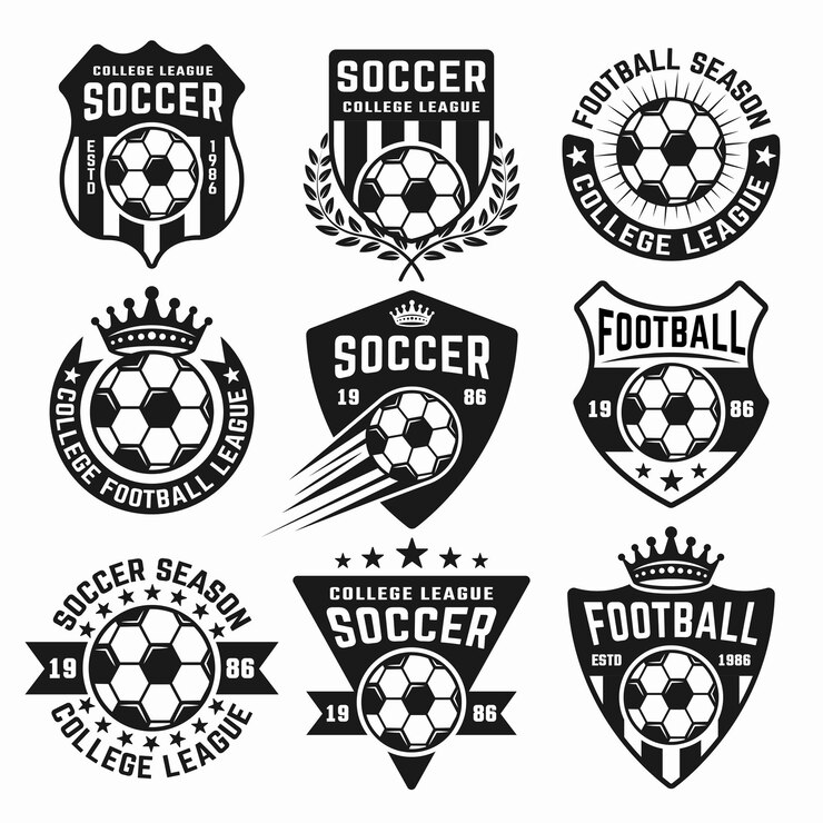 Conjunto de futebol com emblemas, emblemas, etiquetas ou logotipos pretos