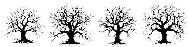 Conjunto de galho morto de árvore de Halloween do vetorÁrvore de Halloween à mão desenhoPlanta preta em fundo branco