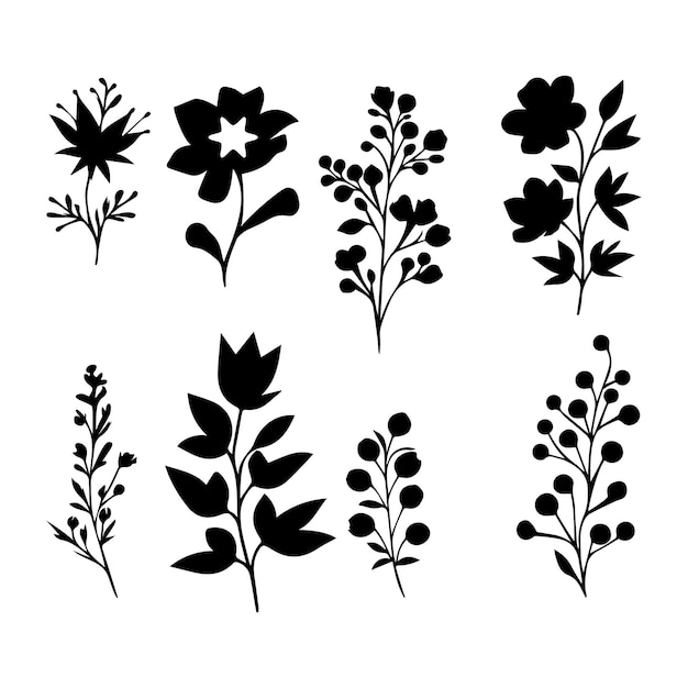 Conjunto de galhos e folhas de árvores desenhadas à mão