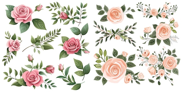 Conjunto de galhos florais para casamento Flor rosa rosa folhas verdes