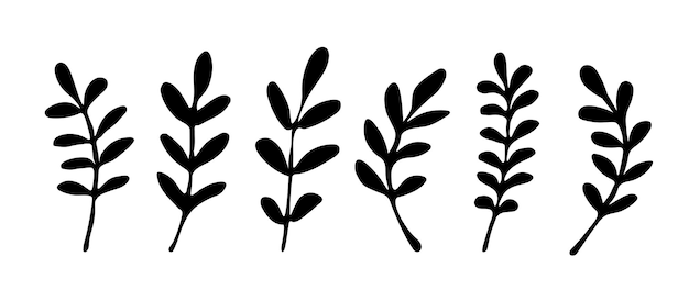 Conjunto de galhos pretos no estilo de picles de folha doodle isolado no fundo branco