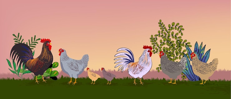 Vetor conjunto de galinhas, galo, galinhas, aves de capoeira, animais de fazenda, coleção de conjuntos, ilustração vetorial desenhada à mão