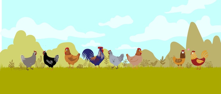 Vetor conjunto de galinhas, galo, galinhas, aves de capoeira, animais de fazenda, coleção de conjuntos, ilustração vetorial desenhada à mão