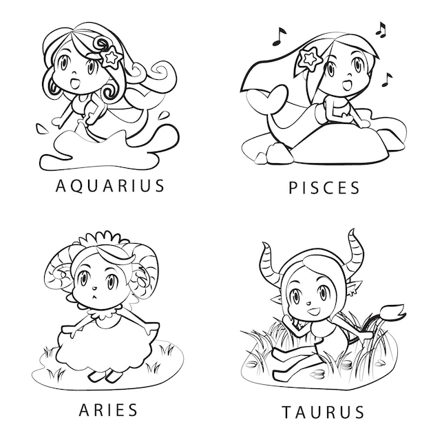 Conjunto de garotas fofas da coleção Zodiac Aquário Peixes Áries Touro Ilustração de contorno