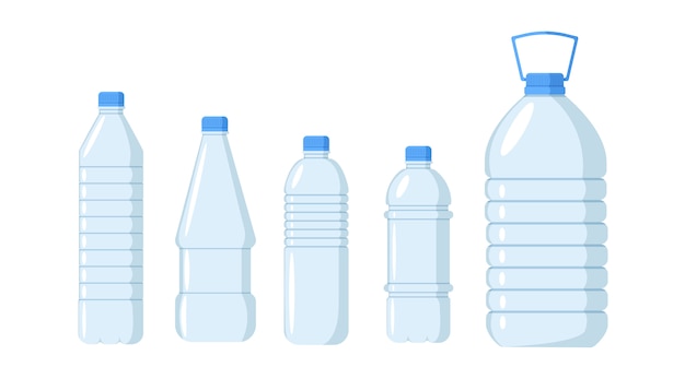 Vetor conjunto de garrafa de água de plástico. conjunto de diferentes garrafas de plástico com água limpa e fresca
