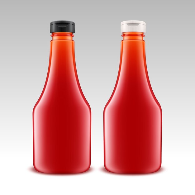 Conjunto de garrafa de ketchup de tomate vermelho de plástico em branco para branding