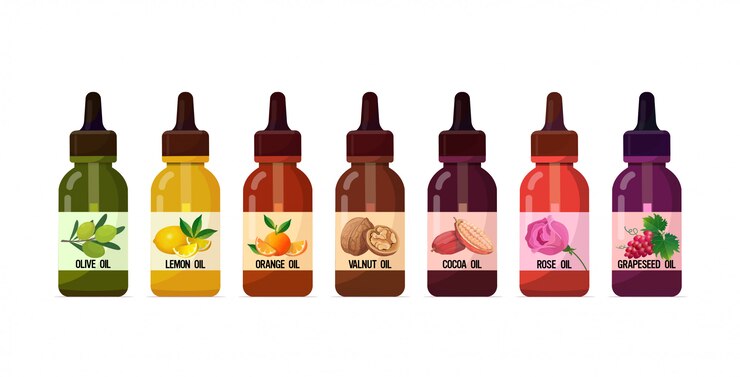 Vetor conjunto de garrafas de vidro de óleo realista com ingrediente líquido cosmético de conta-gotas para bebidas de alimentos e conceito de skincare de produtos spa horizontal