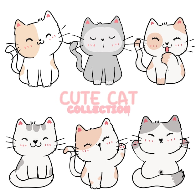 Conjunto de gatinho brincalhão bonito dos desenhos animados em diferentes poses