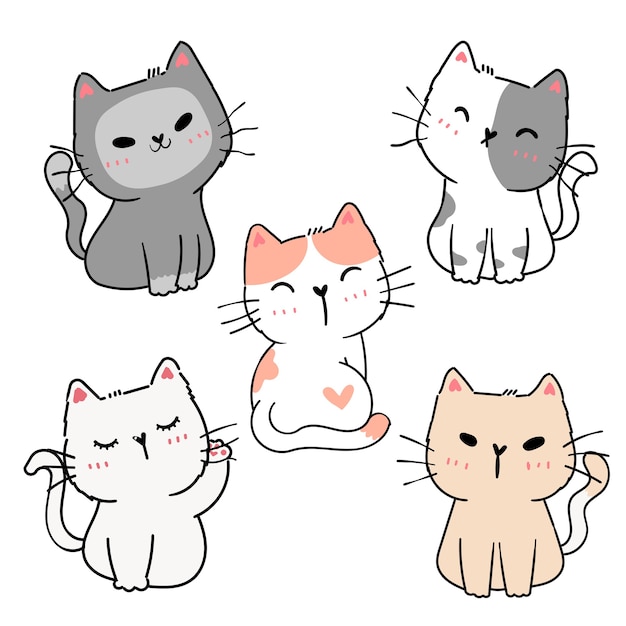 Conjunto de gatinho brincalhão bonito dos desenhos animados no elemento de ação de poses diferentes