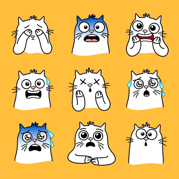 Conjunto de gatinho surpreso. emoji criativo de desenhos animados de gatos, imagens gráficas de animais de estimação maravilhados, emoções de ilustração vetorial de gato engraçado isolado em fundo amarelo