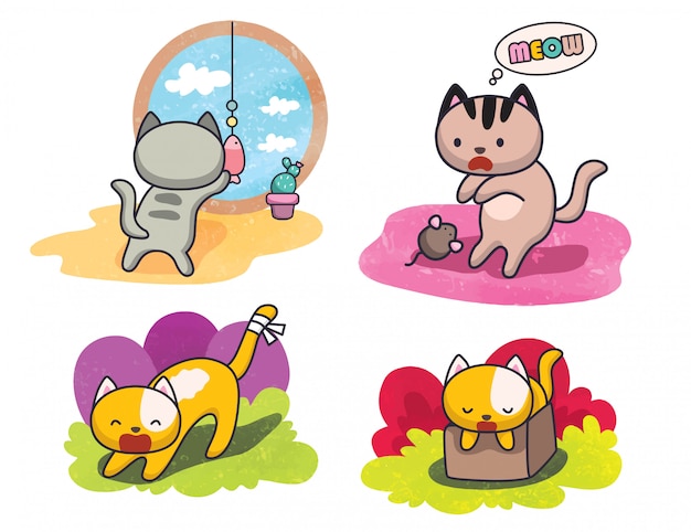 Conjunto de gato bonito poses ilustração